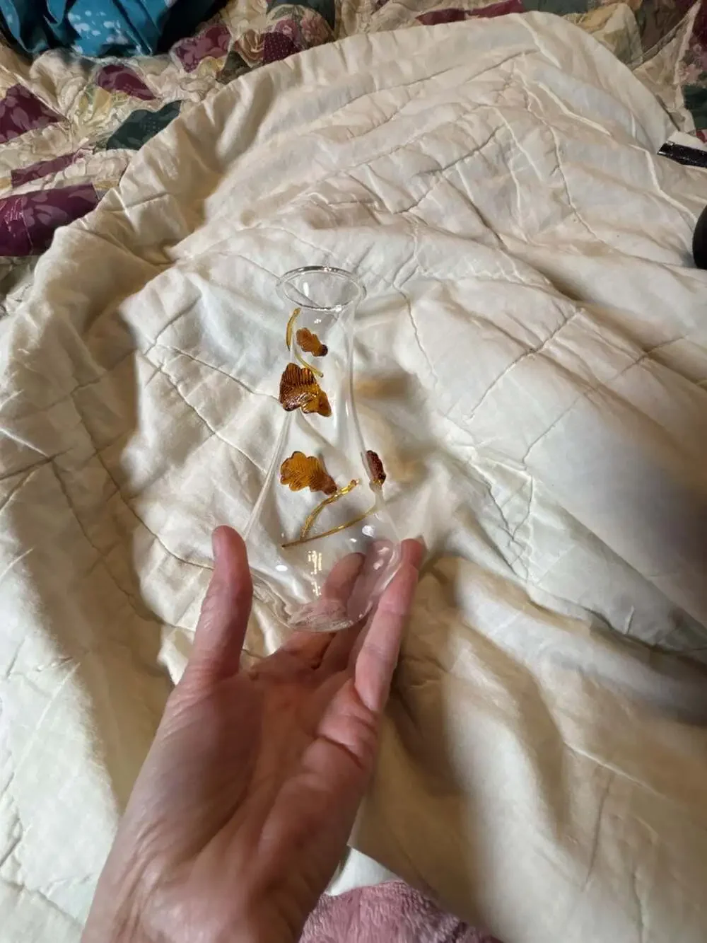 Anthropologie Glass Bud Vase with Applied Amber Gold Oak Leaf and Vine Accents